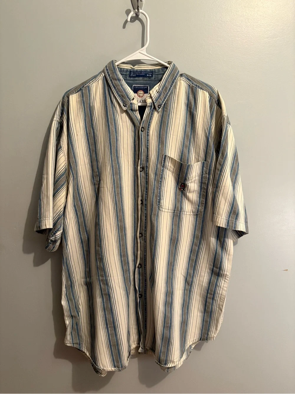 Vintage Coliseum Men's XL Short-Sleeve Button-Up Stripe Shirt Blue White Gray - Picture 8 of 16